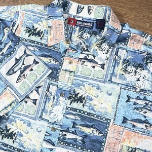 Reel Legends Men's XL Hawaiian Fish Shirt Blue‎ Button Up Outdoor Performance